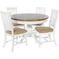Rovico Walworth White Brush Round Dining Set with 4 Slatted Back Chairs with Cushion