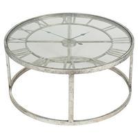 Round Clock Coffee Table, Antique Silver