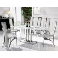 Rossi Dining Table In White Glass With 6 Dining Chairs