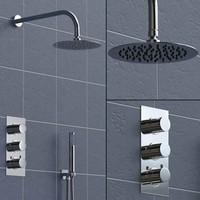 Round Concealed Chrome Thermostatic Shower Mixer Set, Wall Mount, 3 Dial, 2 Way with Handheld