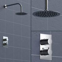 Round Concealed Chrome Thermostatic Shower Mixer Set, Wall Mount, 2 Dial, 1 Way