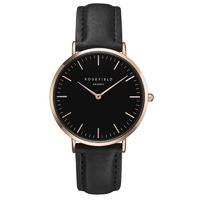 Rosefield Bowery Black with Rose Gold on Black Leather Strap Watch