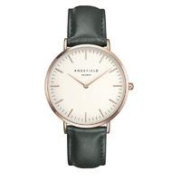 rosefield bowery white with rose gold on green leather strap watch