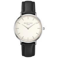 rosefield bowery white with silver on black leather strap watch