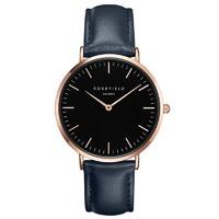 Rosefield Bowery Black and Rose Gold on Blue Leather Strap Watch