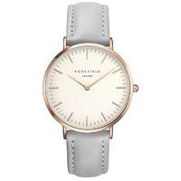 rosefield bowery white with rose gold on grey leather strap watch