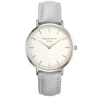 rosefield bowery white with silver on grey leather strap watch