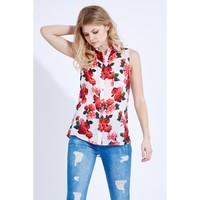 ROSE PRINT SLEEVELESS SATIN SHIRT