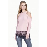 ROUCHED LACE TRIM COLD SHOULDER TOP