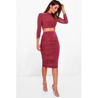 Rouched Sleeve Midi Skirt Co-Ord Set - rose