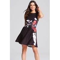 Rose Print Fit and Flare Dress with Belt