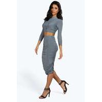 Rouched Sleeve Midi Skirt Co-Ord Set - grey