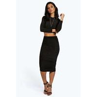 rouched sleeve midi skirt co ord set black