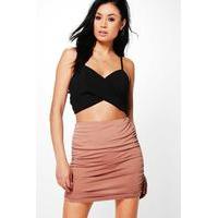 rouched side jersey mini skirt tan