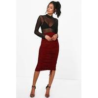 Rouched Front Slinky Midi Skirt - burgundy