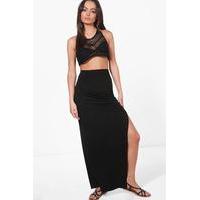 Rouched Side Split Jersey Maxi Skirt - black