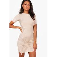 Rouched Tie Cap Sleeve Bodycon Dress - sand