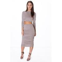Rouched Sleeve Midi Skirt Co-Ord Set - grey