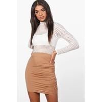 rouched side jersey mini skirt camel