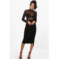 Rouched Front Slinky Midi Skirt - black