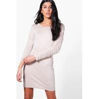rouched long sleeved bodycon dress light sand