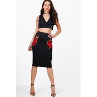 Rose Applique Midi Skirt - black