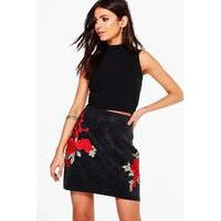 Rose Applique Cord A Line Skirt - black