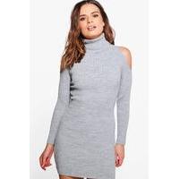 Roll Neck Cold Shoulder Rib Knit Dress - grey