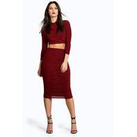 Rouched Sleeve Midi Skirt Co-Ord Set - berry