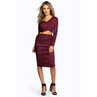 rouched side suedette midi skirt wine