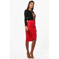 Rouched Front Jersey Midi Skirt - red