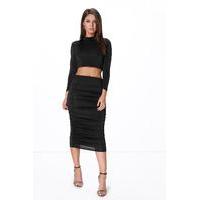 rouched sleeve midi skirt co ord set black