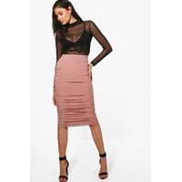rouched side slinky midi skirt rose