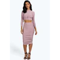 rouched sleeve midi skirt co ord set mauve