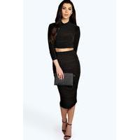 rouched sleeve midi skirt co ord set black