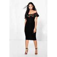 rose embroidery off shoulder midi dress black