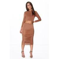 rouched sleeve midi skirt co ord set copper