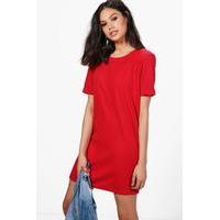 roll back ponte shift dress red