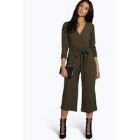 roll sleeve relaxed culotte jumpsuit khaki