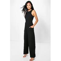 Round Neck Textured Jumpsuit - black