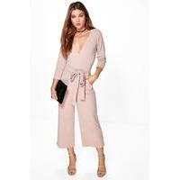Roll Sleeve Relaxed Culotte Jumpsuit - stone