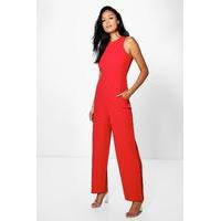 Round Neck Textured Jumpsuit - red