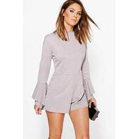 Round Neck Ruffle Sleeve Playsuit - grey