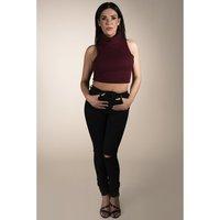 roll neck crop top in maroon