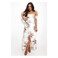 Roco White Floral Front Split Bardot Dress