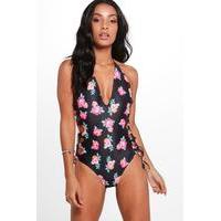 rose print lace tie side swimsuit black