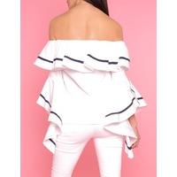 rolo white and navy off shoulder ruffle top