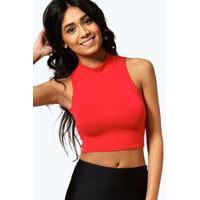 Roll Neck Sleeveless Crop Top - red