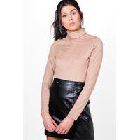 roll neck suedette long sleeve top camel