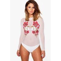 Rose Printed Mesh Bodysuit - white